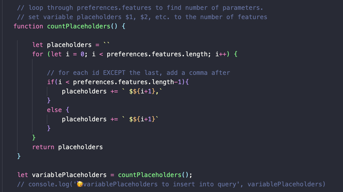 an image of a function created to count placeholders for a SQL query